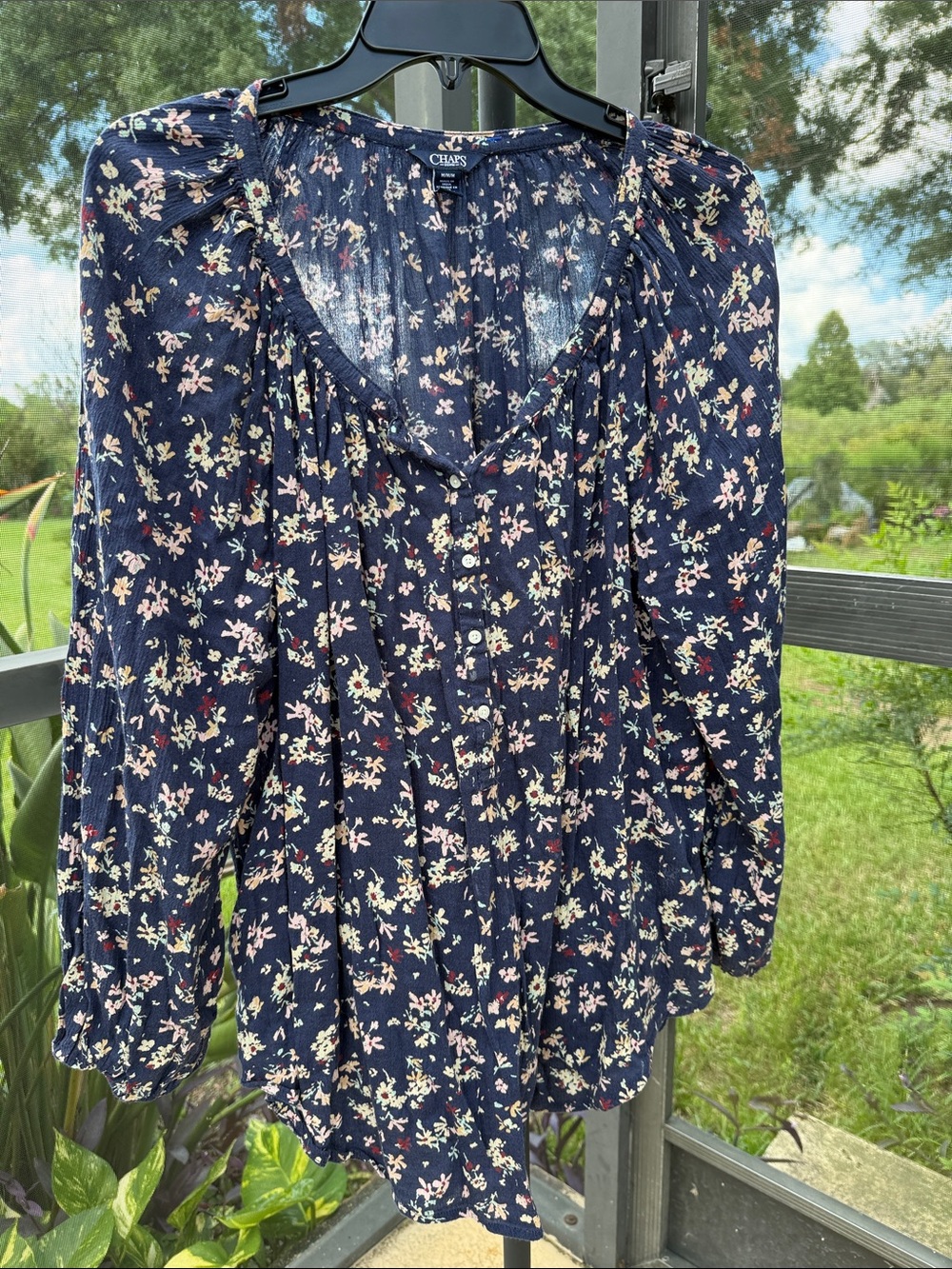 Chaps Denim Navy Floral Button-Front Peasant Blouse